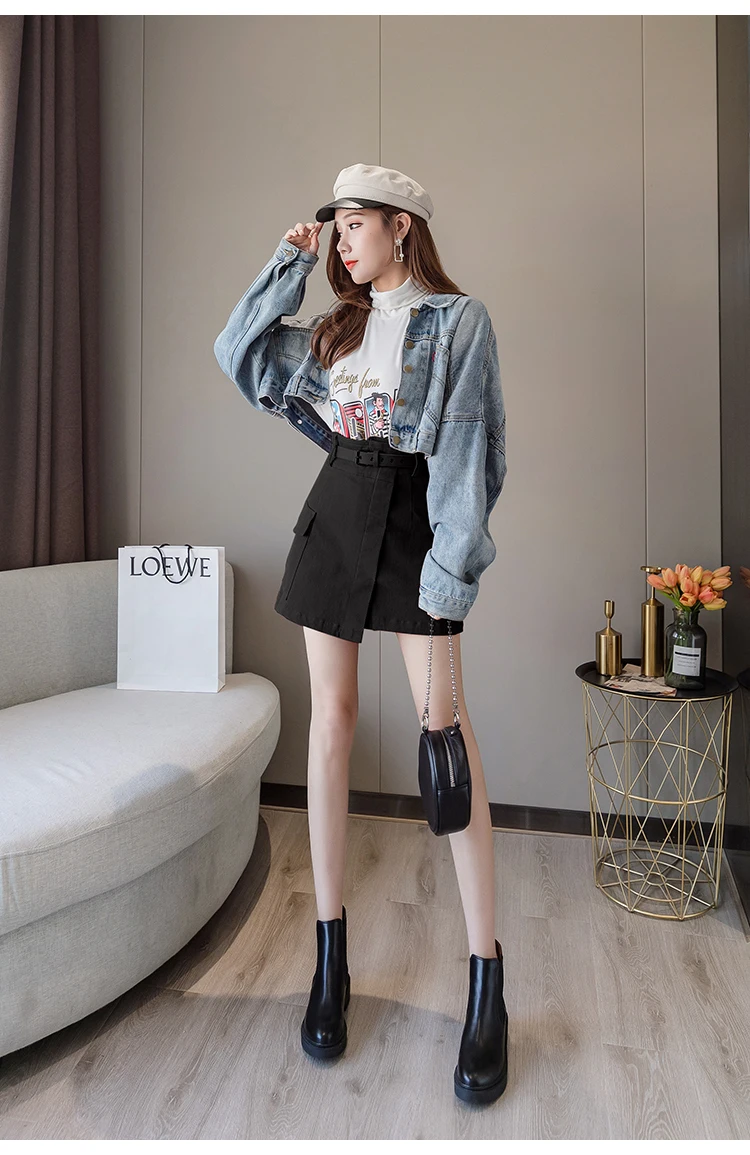 Trytree Autumn Women Casual Empire Short Skirt 5 Colour A-line Fashion Elegant Pockets Button Belt Mini Office Lady Short Skirt