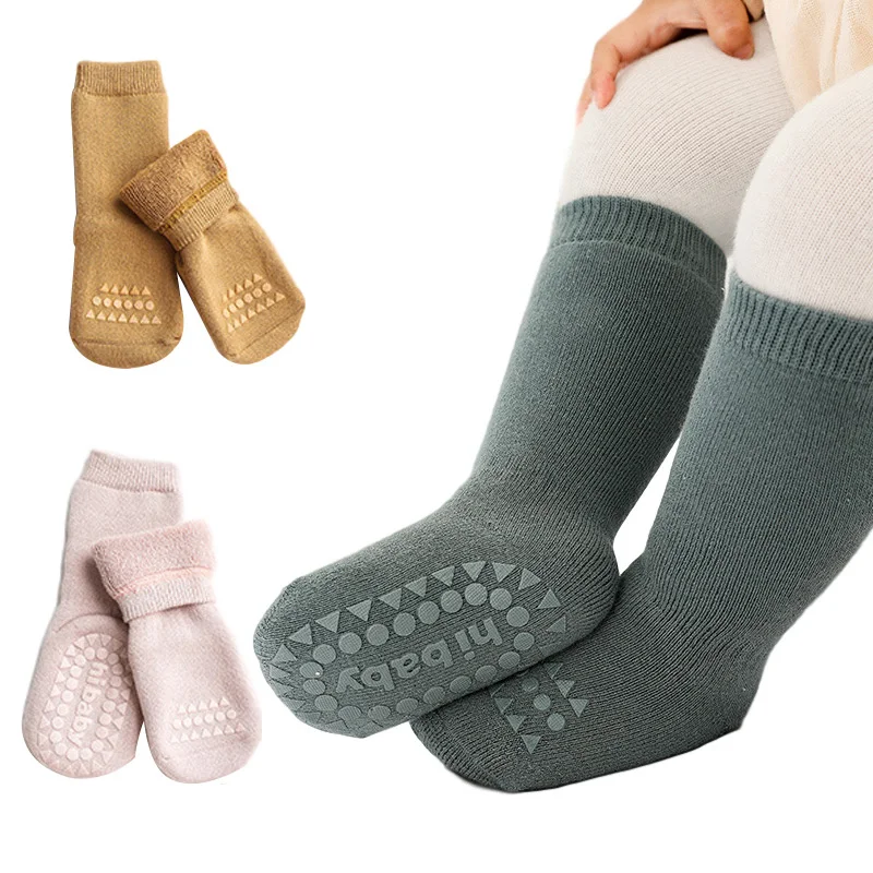 Утепленные детские носки, детские носки, однотонные хлопковые теплые Нескользящие хлопковые носки для новорожденных мальчиков и девочек, О...