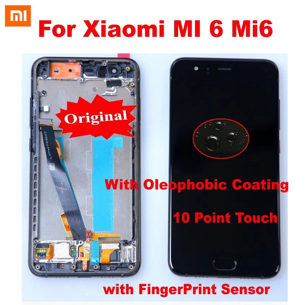 

ЖК-дисплей 100% "с дигитайзером сенсорного экрана в сборе с рамкой для Xiaomi 6 MI 6 Mi6, с датчиком отпечатков пальцев, оригинал, 5,15