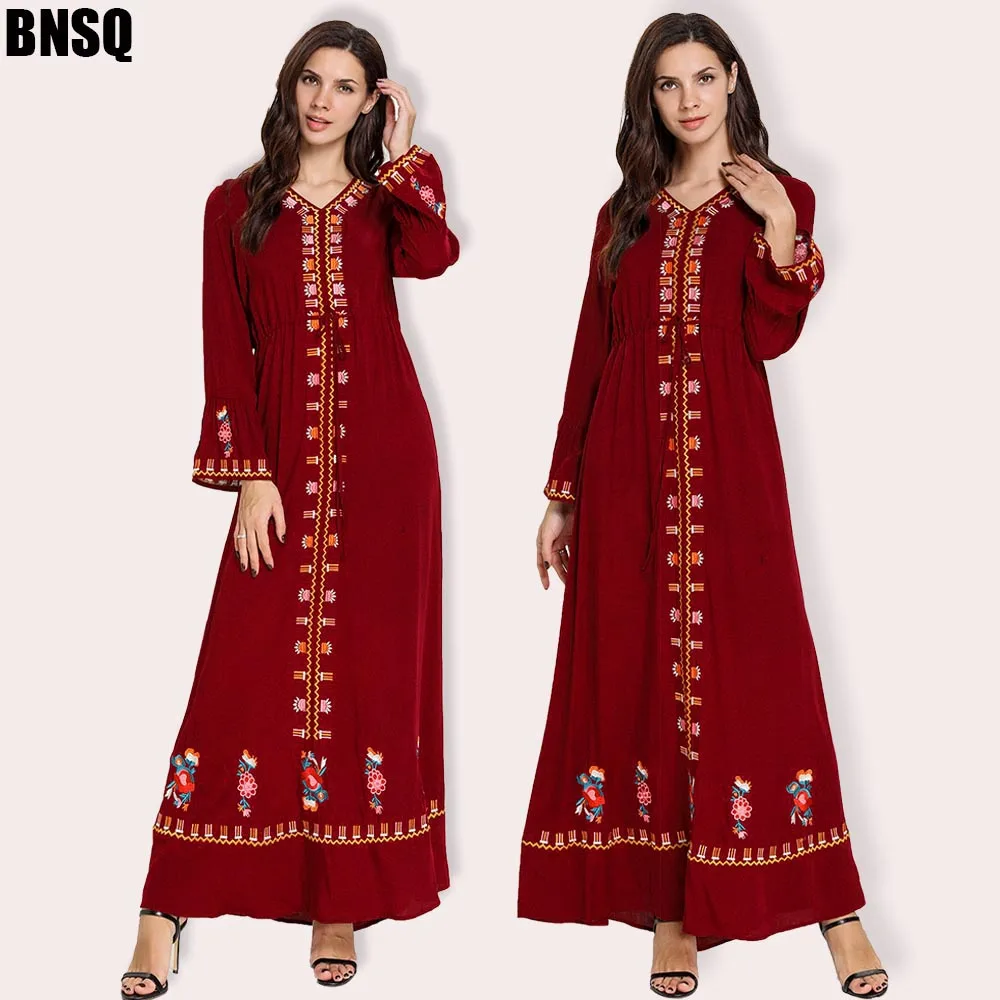 Платья с вышивкой BNSQ 2019 женский мусульманский свободный однотонный халат abaya