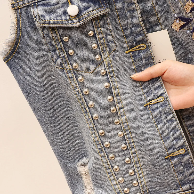 Джинсовый женский жилет 2020 осенняя Новинка корейская мода вышивка бисером цветы