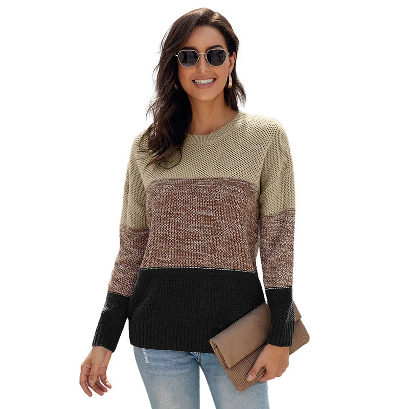 

Woman Sweaters Winter New Knit Sweater Female Contrast Color Mosaic Round Neck Long Sleeve Pullover Sweaters