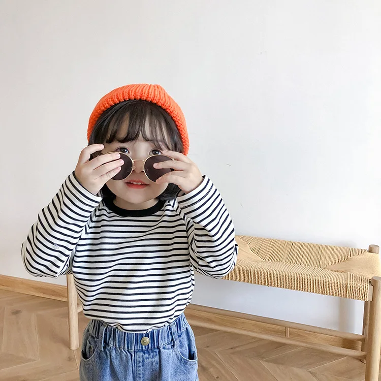 Весенне-Осенние футболки в полоску из чистого хлопка для девочек универсальные с