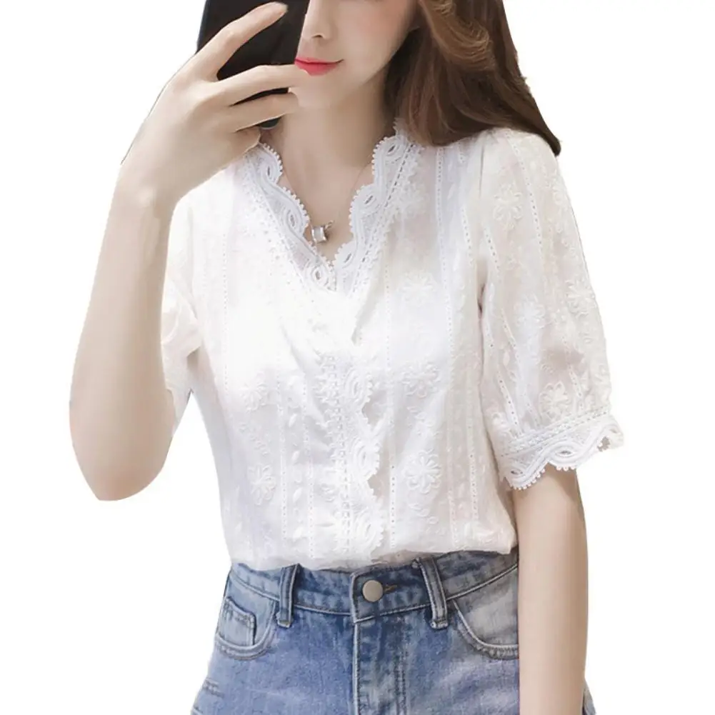 

Fashion Women Floral Lace Brim Half Sleeve V Neck Breathable Blouse Shirt Top