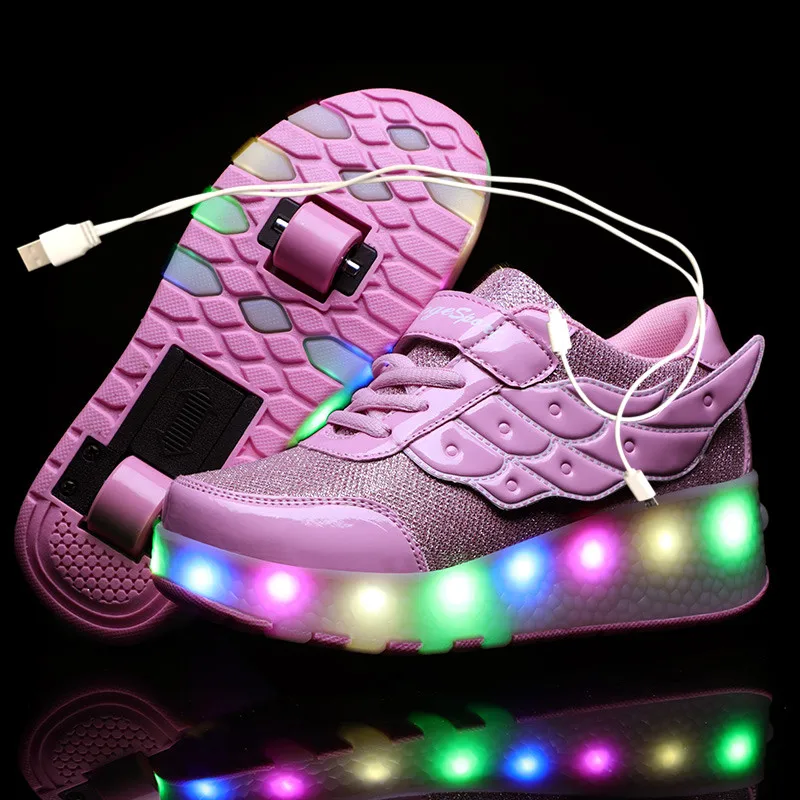 Çocuk tek iki tekerlek işıltılı parlayan Sneakers altın pembe Led ışık paten ayakkabı çocuklar Led ayakkabı erkek kız USB şarj