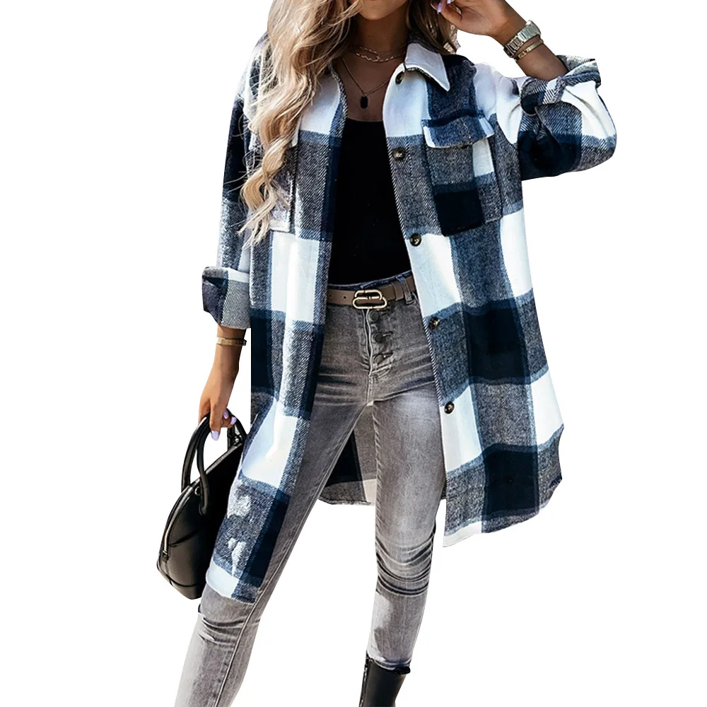 

Autumn Turn-down Collar Casual for Women Button Tunic Long Sleeve Plaid Twill Ladies Streetwear Female Fahion Loose Long Shirt