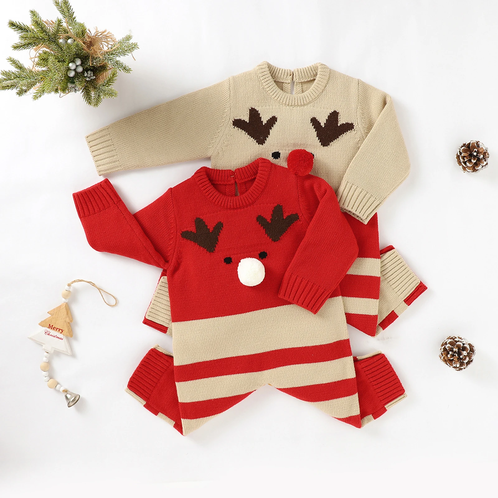 

Christmas Baby Girl Boy Romper Xmas Long Sleeve Round Neck Buttons Knitting Jumpsuit for Casual Party Street for 0-18Months