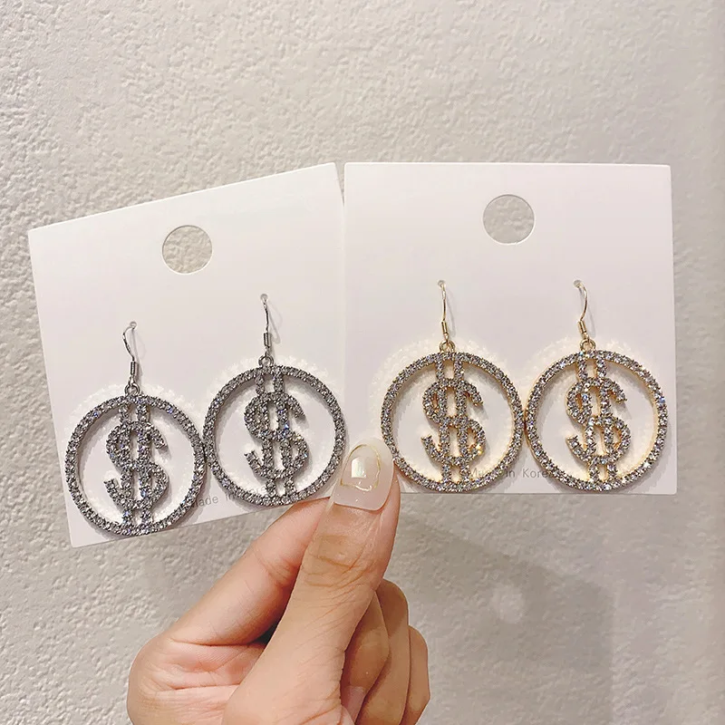 

Personality Rhinestone Dollar Icon Shape Hanging Shiny Dangle Exaggerated Women's Earrings Prevent Allergy Quality Ear Nail 2021