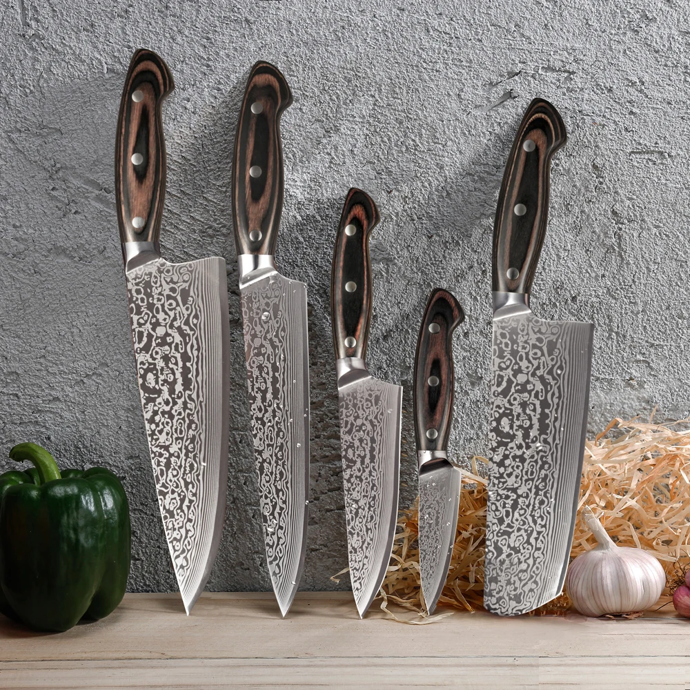 FANGZUO 5PCS Kitchen Knife Set Stainless Steel Blades Damascus Laser Chef Sets Santoku Utility Paring Cooking Tools | Дом и сад