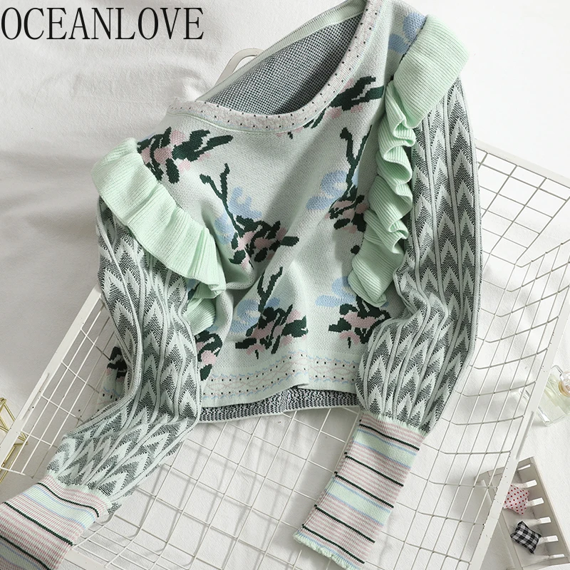 OCEANLOVE милые Свитера Женские винтажные цветочные оборки Juper Pull Femme осенняя одежда