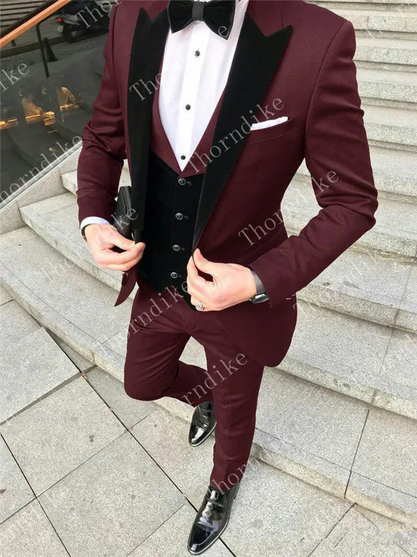Burgundy Purple Three Pieces Groom Suit Custom Made Tuxedos For Men Groomsman Bridegroom Wedding Best Man Suits( jacket+Pants+vest - Цвет: Burgundy