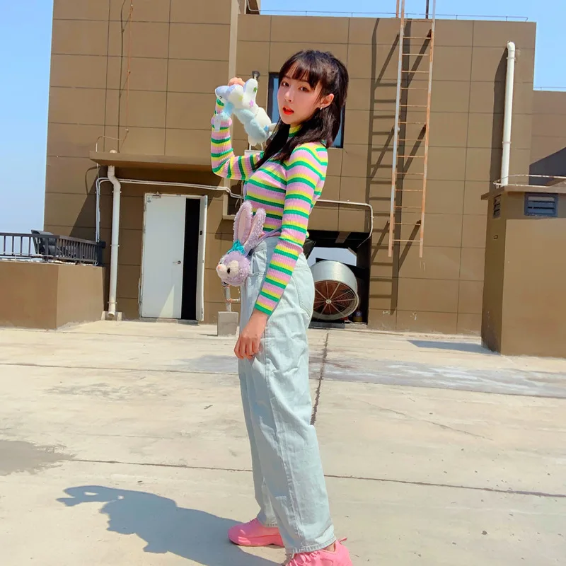 Женский полосатый свитер Харадзюку женский свободный студенческий с вышивкой