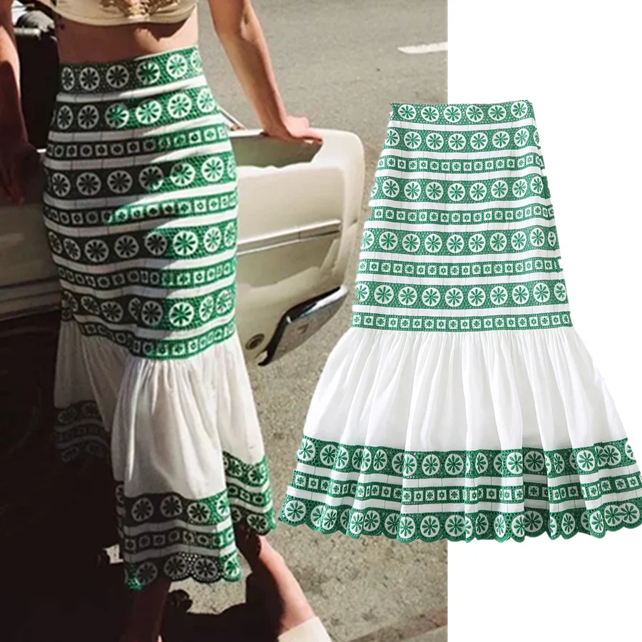 

Withered Indie Folk Vintage Midi Skirt Women Faldas Mujer Moda 2021 High Waist Elastic Sexy Embroidery Beach Long Skirts Womens