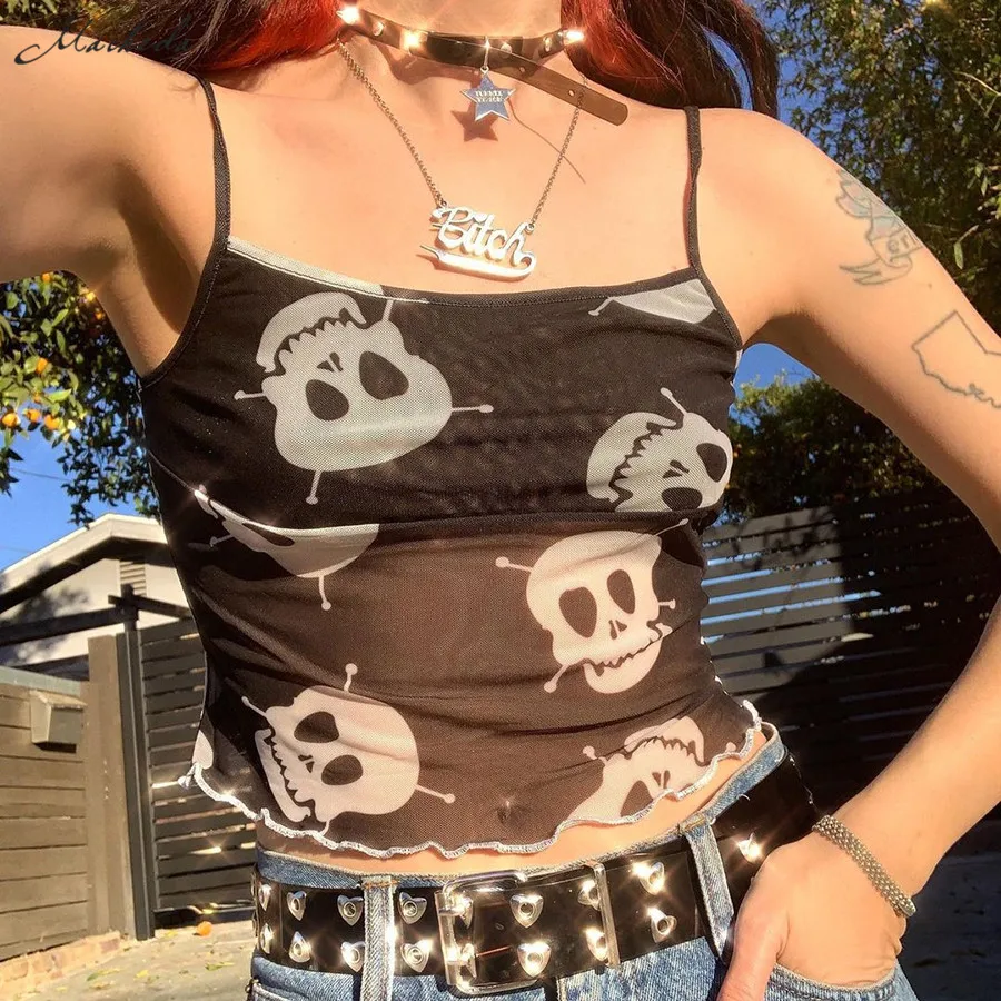 

IndieAesthetic Ruffle Camisole Women Chic Y2K Mesh Suspenders Streetwear 2021Skinny E-girlSee-ThroughClub Crop Tops