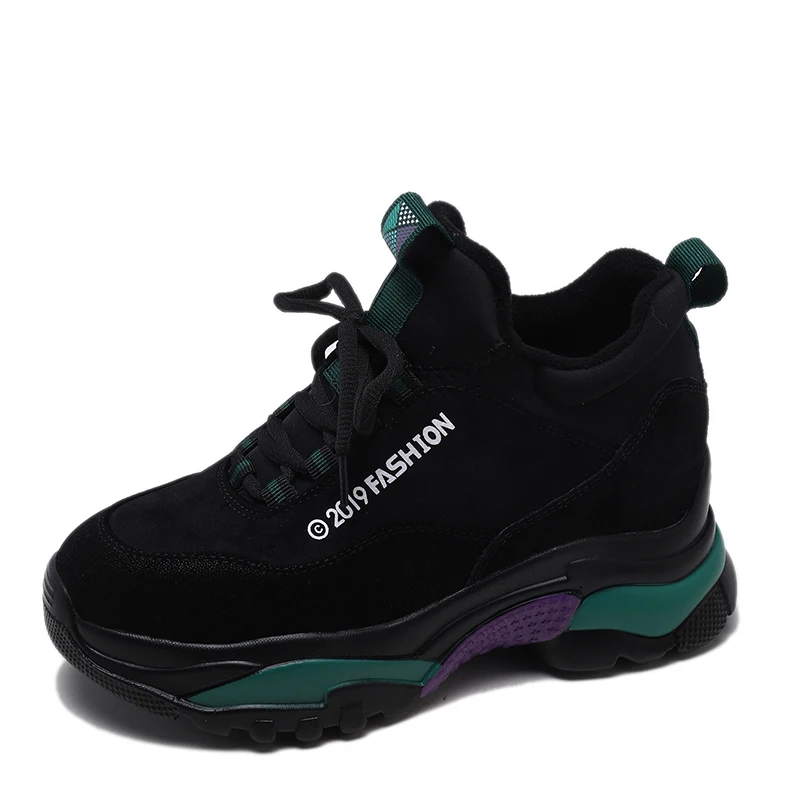Rimocy Autumn Winter warm black sneakers women fashion platform shoes woman designer short Plush 6cm thick bottom chunky sneaker - Color: Green