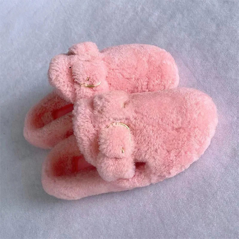 2021 Ladies New High Quality 100% Wool Slippers Fur Flat Shoes Household  Fur Slippers Wool Fur Ladies Flat Shoes
