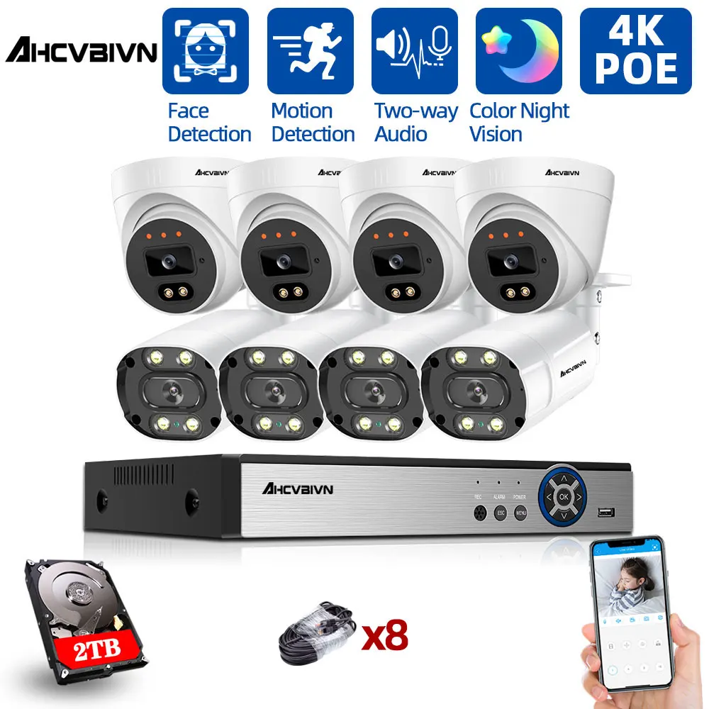 

H.265+ POE CCTV Security System Two-way Audio 8CH 4K Audio Record NVR Outdoor 8MP IP Camera IR Night P2P Video Surveillance Kit