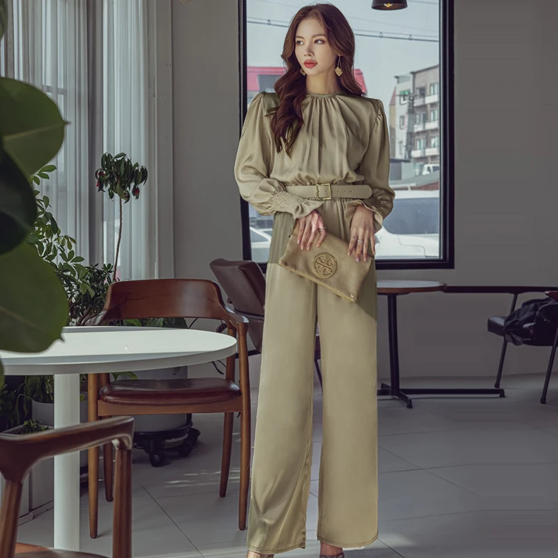 

Thin Summer Jumpsuits Pants Korean Style High Waist with Belt Long Sleeve Thin Wide Leg Trouses Women Rompers Trousers T0137