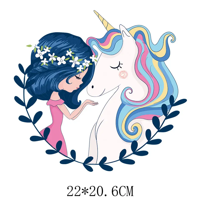 

22x20.6cm Cute Girl Animal Unicorn Iron On Patches For DIY Heat Transfer Clothes T-Shirt Thermal Stickers Decoration Printing