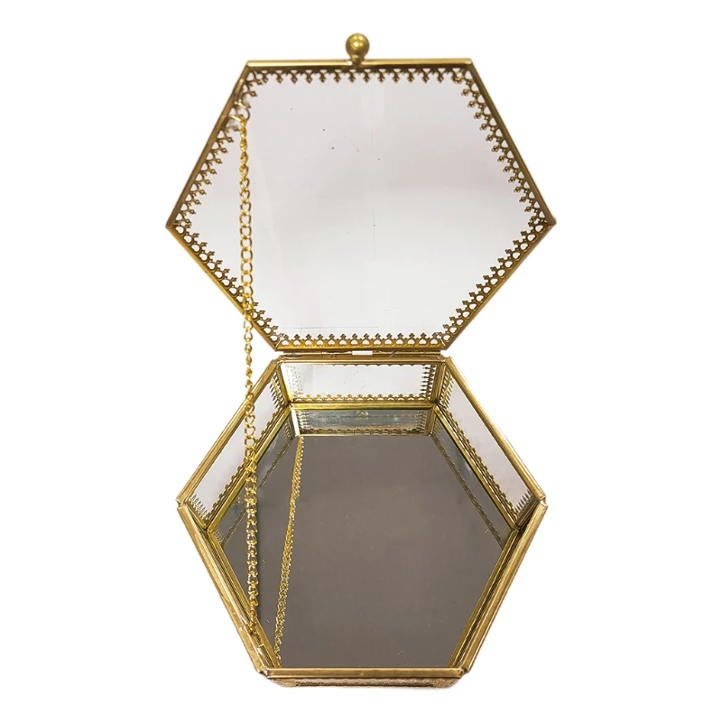 

Hexagon Gold Brass Glass Jewelry Trinket Box Jewelry Display Geometric Organizer P9YF