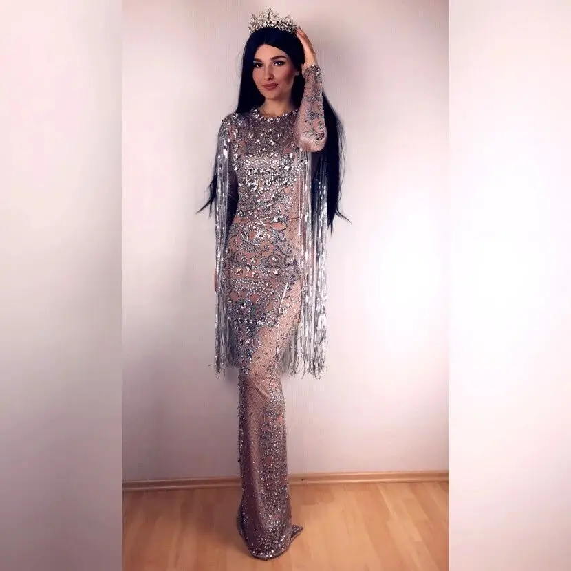 Long Sleeve Crystal Tassels Long Dress Evening Performance Fashion Show Dresses Nightclub Female Singer Concert Party Show Dress