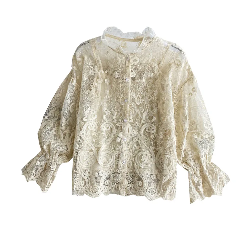 

Spring Autumn New Palace Style Blouse Hollow All-match Puff Sleeve Stand Collar Lace Shirt Korean Women Tops UK112