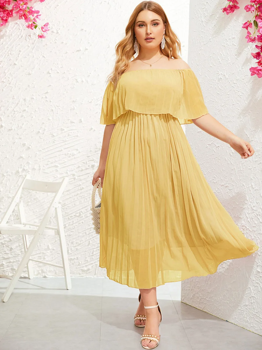 

2021 Dress Women'S Solid Color Fashion Sexy Bohemian Holiday Style One-Way Neck Short-Sleeved Pleated Party Summer Spring Skirt