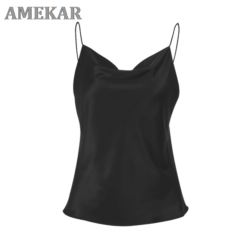 

Sexy Spaghetti Strap Summer Satin Tops Women Fashion 2021 Sleeveless Beige Draped Tops Silky Female Black Camisoles