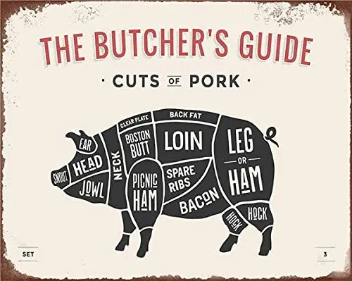 

Butcher's Guide Curts of Pig Metal Tin Sign Family Farmhouse Wall Kitchen Decoration 8x12 Inches (Curts of Pig)