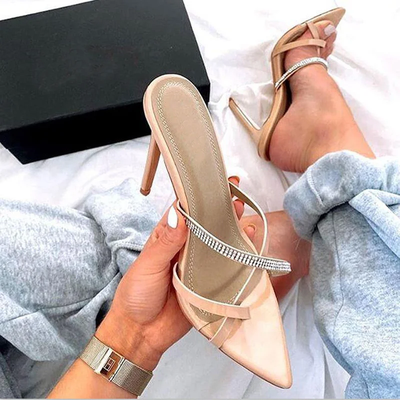 

High Ultra Heels Shoes Women Sexy Crystal Clip Toe Sandals Solid Narrow Band Pointy Toe Flip Flops Stiletto Heels Sandal Size 41