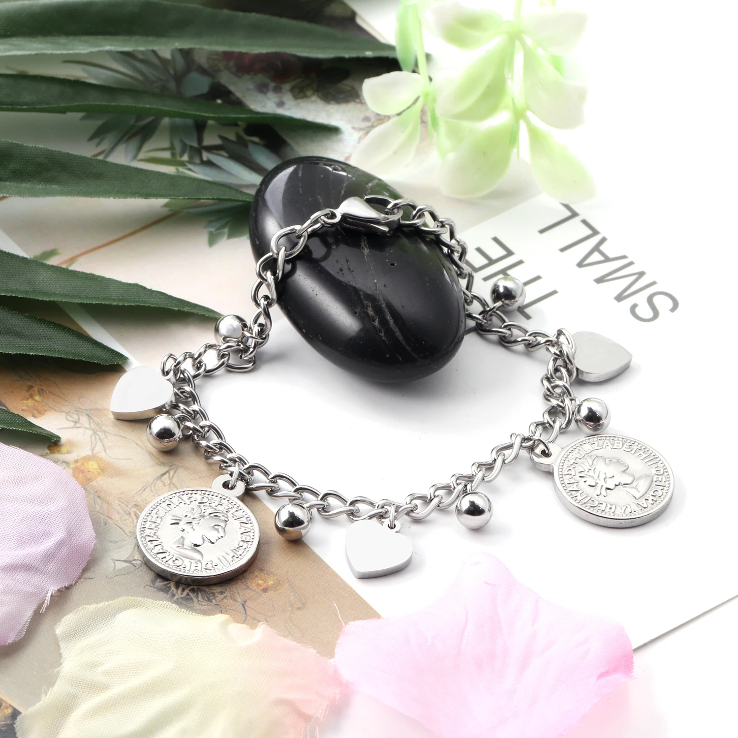 LUXUSTEEL Mother Gift Heart Round Ball and Coin Queen Stainless Steel Link Chains Bracelets Bangles Women kids bracelet Wedding | Украшения