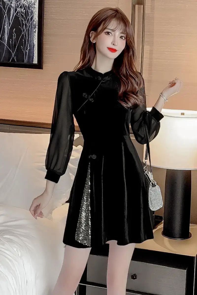 

COIGARSAM Cheongsam Women one-piece dress korean New Vintage Dresses Black 578