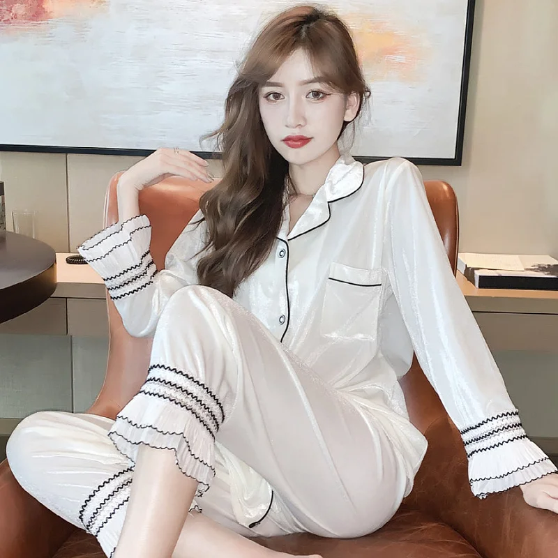 2021 New Velvet Pajamas Women's Spring And Autumn Long Sleeve Korean Princess Wind Can Wear Home Clothes Autumn And Winter Suits