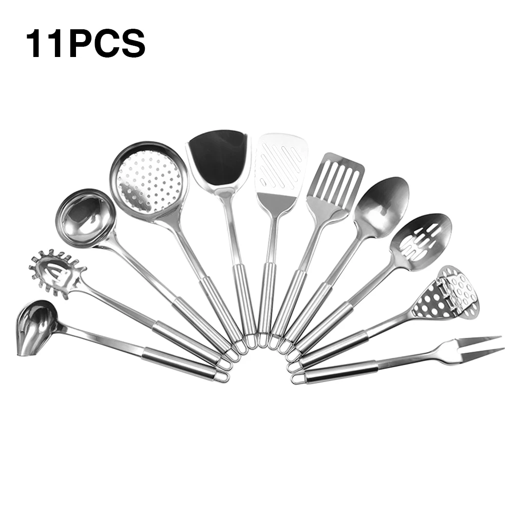 

11pcs Baking Home Stainless Steel Spoon Cooking Tools Potato Press Kitchen Utensils Set Shovel Fork Serving With Hook Frying