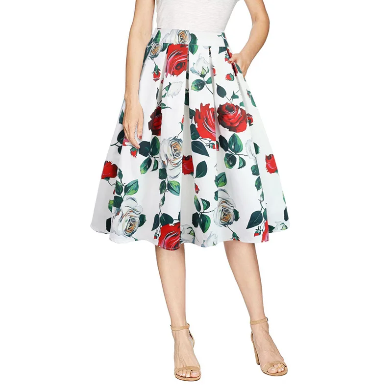 

Ladies Knee-Length Empire Skirt Women Stylish Cartoon Printed Skirts Large Hem Pleated Skirt England Style Skirt with Pockets