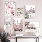 Картина на холсте с изображением венецианского пейзажа, настенные постеры розового цвета с цветами магнолии в скандинавском стиле для украшения гостиной