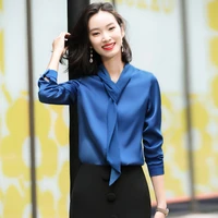 korean autumn ribbon shirt womens long sleeve autumn new design sense minority v neck top ol vertical sense professional shirt