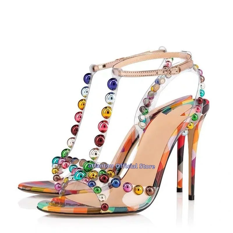 

New Spring Summer Colorful Crystal T-Bar Thin High Heeled Strappy Ankle Wrapped Sandals Women Narrow Band Dress Shoes Plus 46