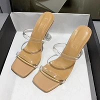 sexy transparent slippers summer women shoes fashion hollow high heels square toe clear heel slides super high heel party shoes