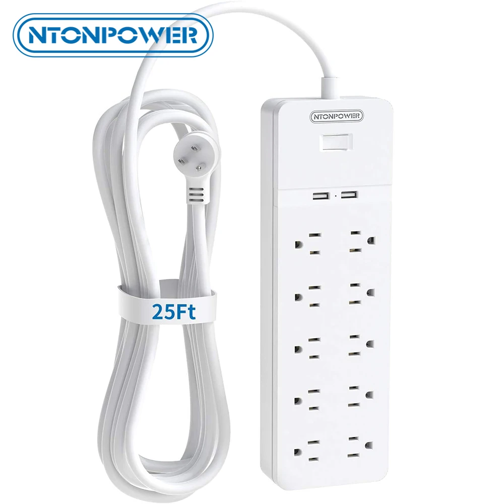 

NTONPOWER Wall Mountable Power Strip Surge Protector US Flat Plug 10 Outlets 2 USB with 25ft Extension Cord For Home Office Dorm