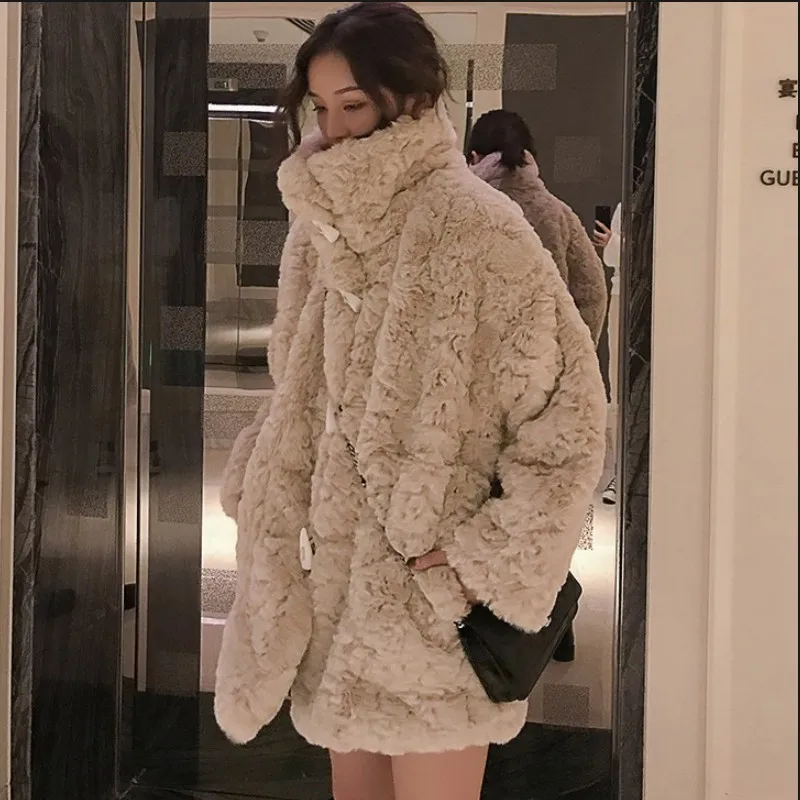 High Quality Fluffy Furry Artifical Lamb Fur Grass Coat Women Long Winter Ox Horn Buckle Imitation Rex Rabbit Fur Apricot Jacket