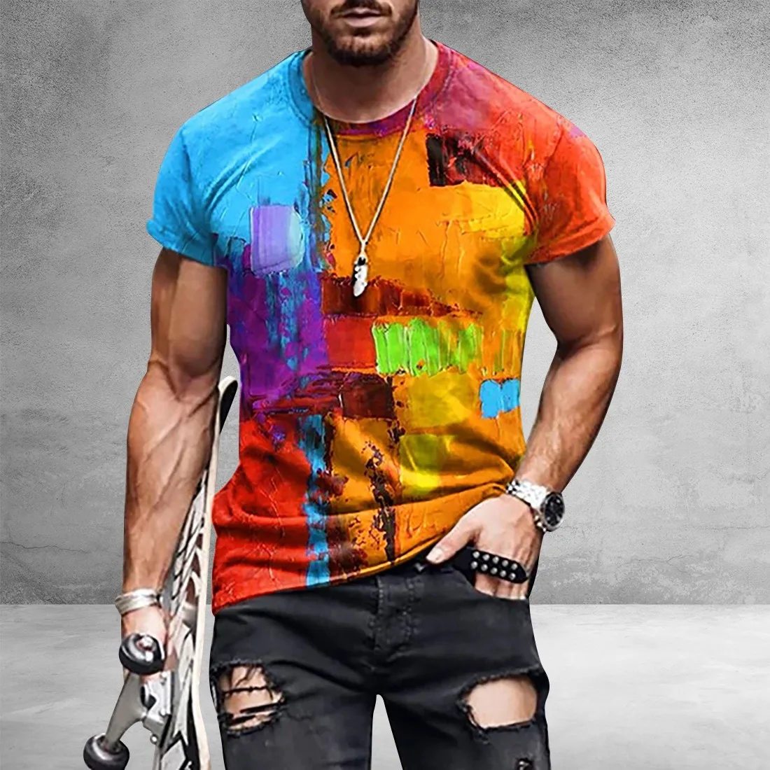 

Men's oversized short-sleeved T-shirt retro 2021 summer Harajuku ethnic style 3D print collar graphic shirt