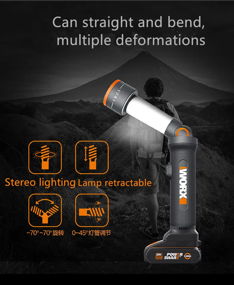 Worx wx027 наружное освещение, домашняя литиевая перезаряжаемая, многофункциональная телескопическая, настольная лампа, походная лампа в палатку