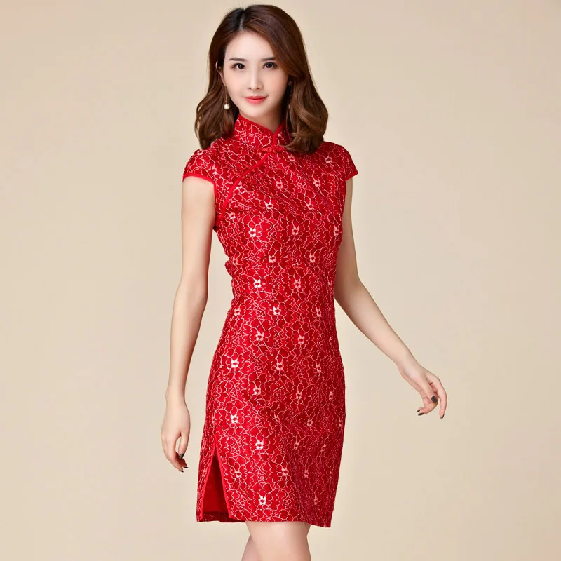 

2021 New Festive Red Cheongsam Short-sleeved Lace Banquet New Chinese Style Large Size Tang Suit Medium Wedding Qipao Dress