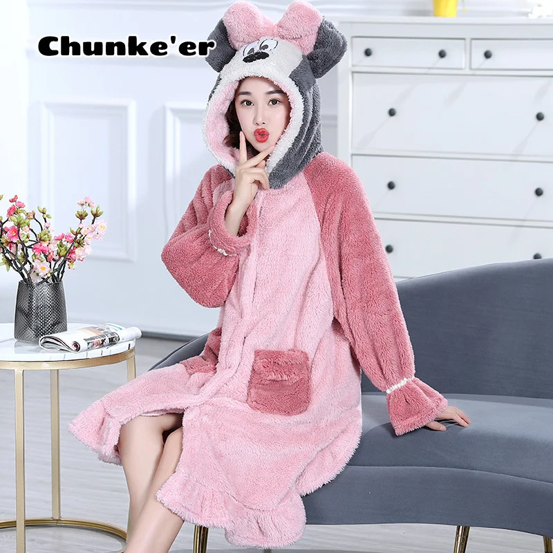 Donald Duck Pajamas Female Winter Coral Velvet Daisy Loose Thickened Autumn Winter Nightgown Sweet And Lovely Flannel Mickey