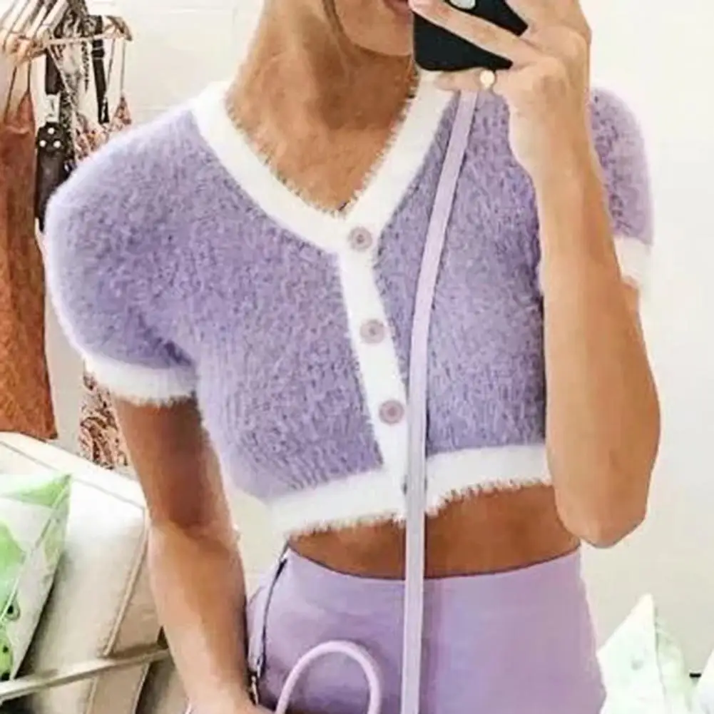 

Women Knitted Slim Crop Tops T-shirt Short Sleeve Skin-friendly Cotton Blend Sexy Party Tee Tops T Shirts for Femme