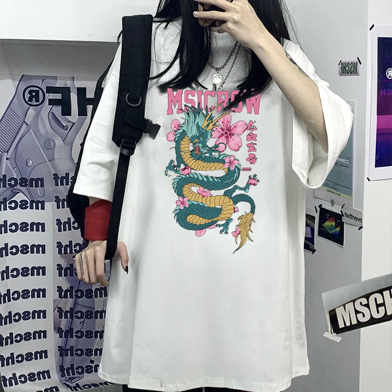 

Oversized Women's T-Shirts Tops Chinese Dragon Printing Tshirt Woman Harajuku Aesthetic Ins T Shirt Women Fashion Casual Clothes