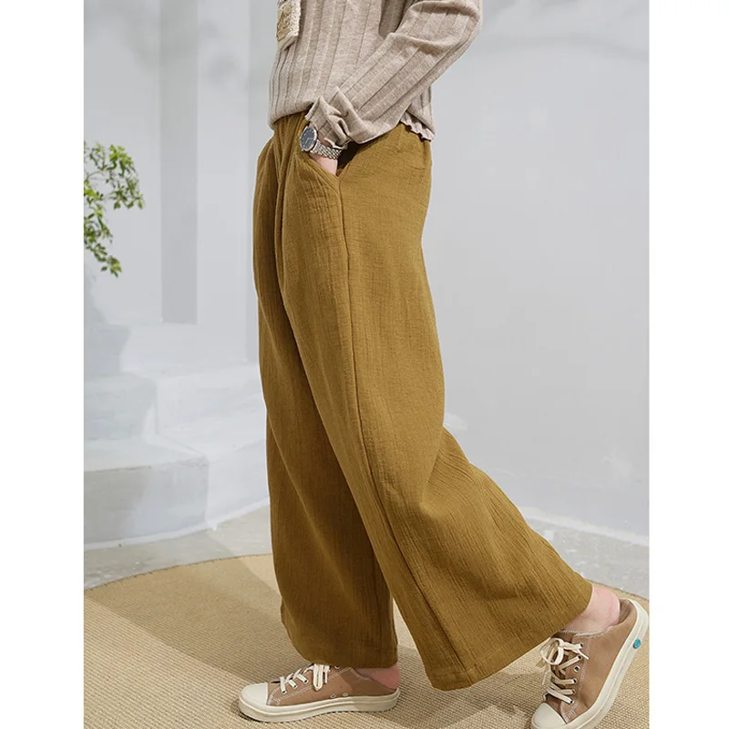 

SCUWLINEN Artsy Trousers for Women Vintage Casual Solid Elastic Waist Soft Long Straight Linen Cotton Pants S1370