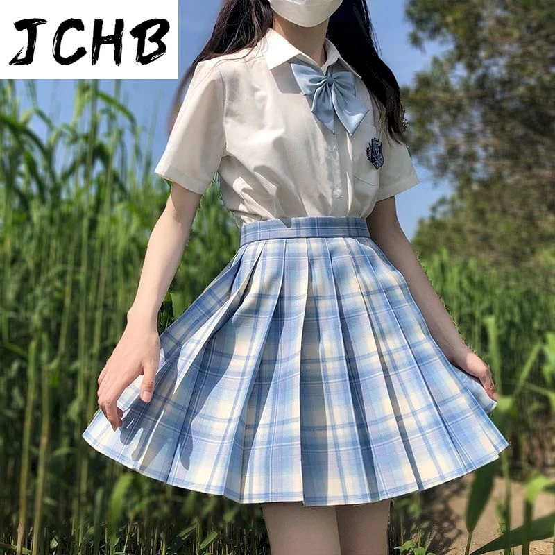 

2021 Jk Plaid Pleated Blue High Waist Sweet Skirt Korean Style Skirts for Women Faldas Vintage A-line Mini Summer New Fashion