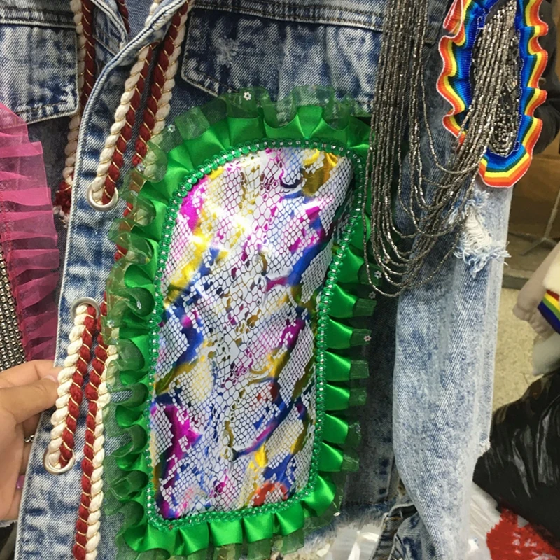 Женские джинсовые куртки в стиле хип-хоп пэчворк с потертостями и имитацией